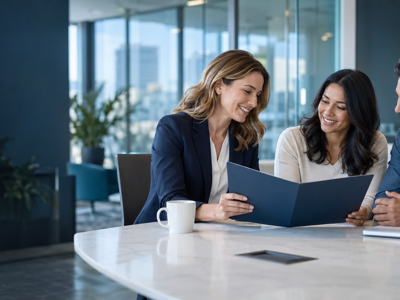 Insurance broker reviewing a policy with clients in a Toronto office